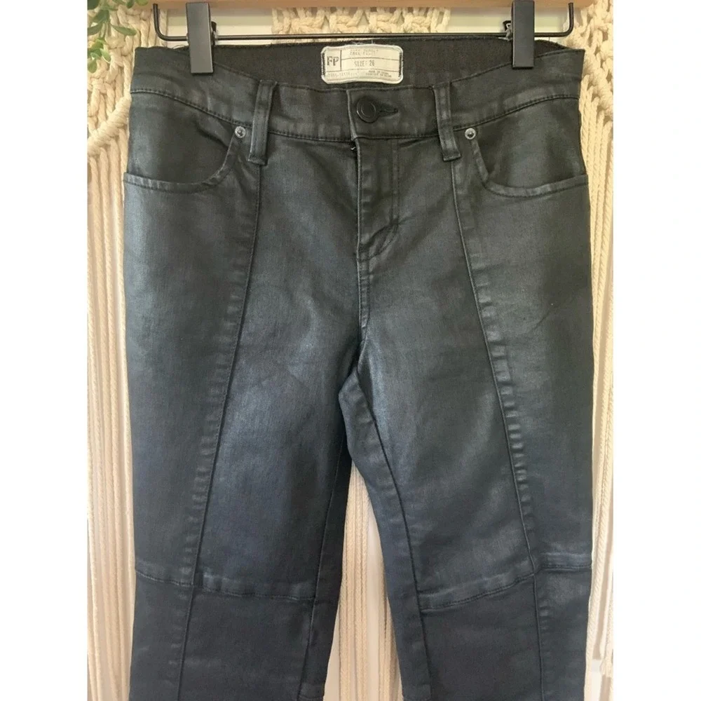 FREE PEOPLE Jillian Coated Moto Skinny Jeans Black Size 26